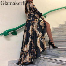 Load image into Gallery viewer, Glamaker Vintage print shirt collar long dress Women elegant long sleeve split high waist dress Female autumn winter sexy dress