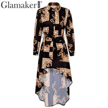 Load image into Gallery viewer, Glamaker Vintage print shirt collar long dress Women elegant long sleeve split high waist dress Female autumn winter sexy dress