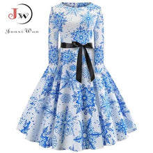 Load image into Gallery viewer, Women Elegant Christmas Dress Long Sleeve Print Vintage Belt Party Dress Snowflake White Autumn Winter Bodycon Dresses Vestidos