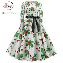 Load image into Gallery viewer, Women Elegant Christmas Dress Long Sleeve Print Vintage Belt Party Dress Snowflake White Autumn Winter Bodycon Dresses Vestidos
