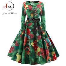 Load image into Gallery viewer, Women Elegant Christmas Dress Long Sleeve Print Vintage Belt Party Dress Snowflake White Autumn Winter Bodycon Dresses Vestidos