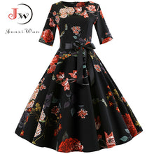 Load image into Gallery viewer, Women Elegant Christmas Dress Long Sleeve Print Vintage Belt Party Dress Snowflake White Autumn Winter Bodycon Dresses Vestidos
