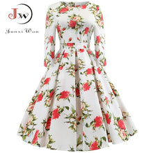 Load image into Gallery viewer, Women Elegant Christmas Dress Long Sleeve Print Vintage Belt Party Dress Snowflake White Autumn Winter Bodycon Dresses Vestidos