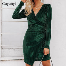 Load image into Gallery viewer, Stretch tight velvet dress party 2019 spring and autumn new sexy V-neck green striped mini dress simple female clothing
